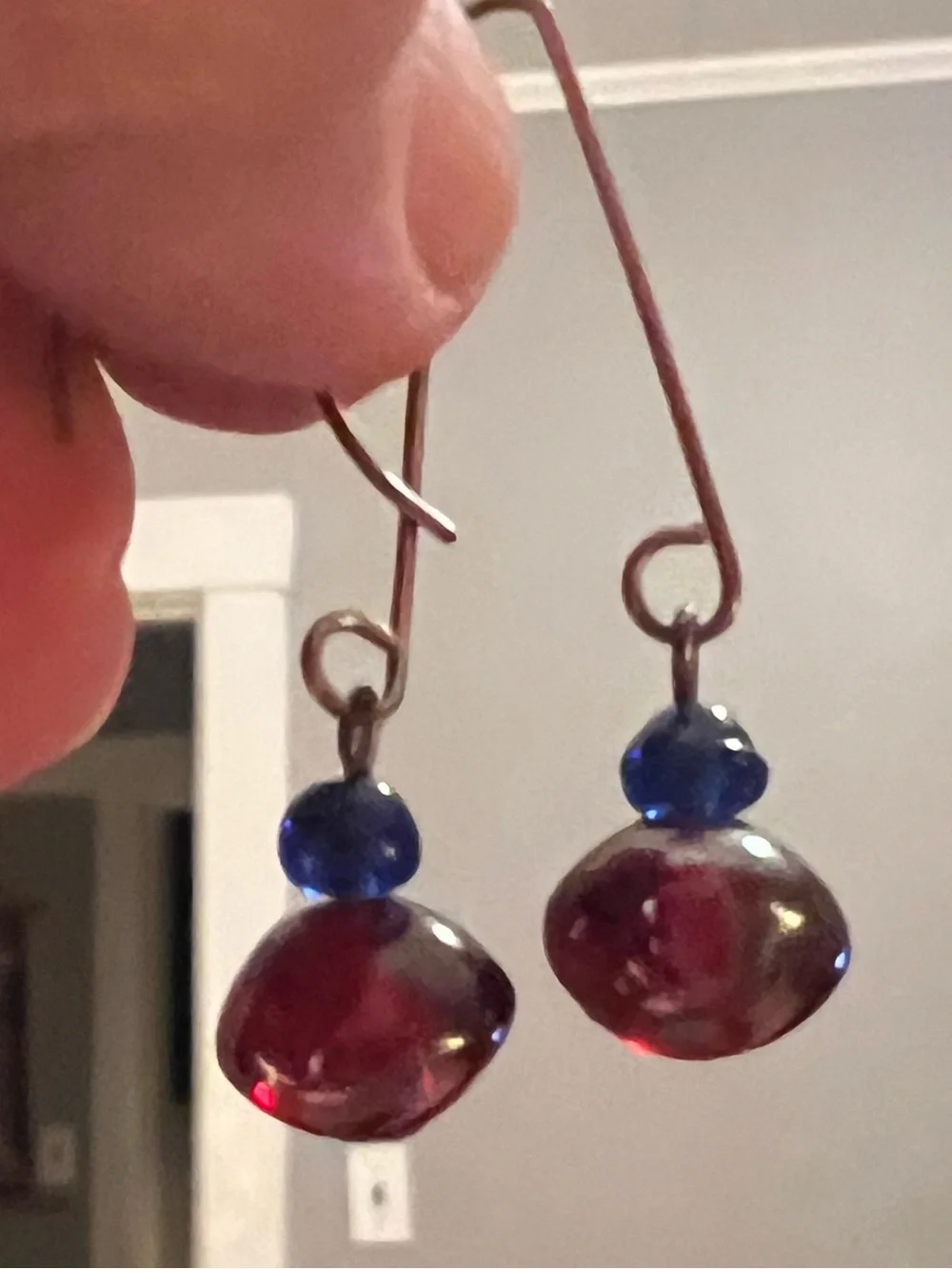 Artisan Handcrafted Deep Red & Blue Glass Dangle Earrings - Long Hooks